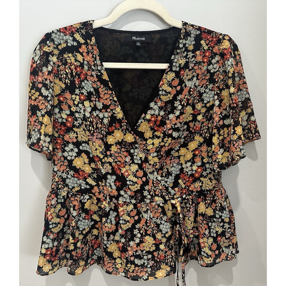 Madewell XS Floral Wrap Short Sleeve Tie Front Top Blouse Boho Cottagecore